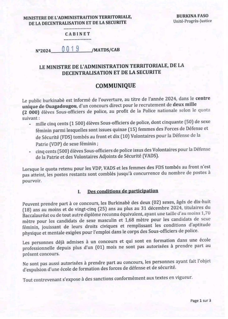 CONCOURS DIRECTS DE RECRUTEMENT AU PROFIT DE LA POLICE NATIONALE DU BURKINA FASO, SESSION 2024