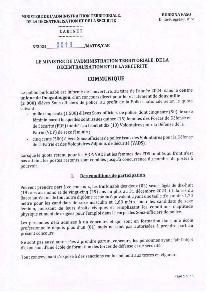 Concours de Police session 2024 au Burkina Faso