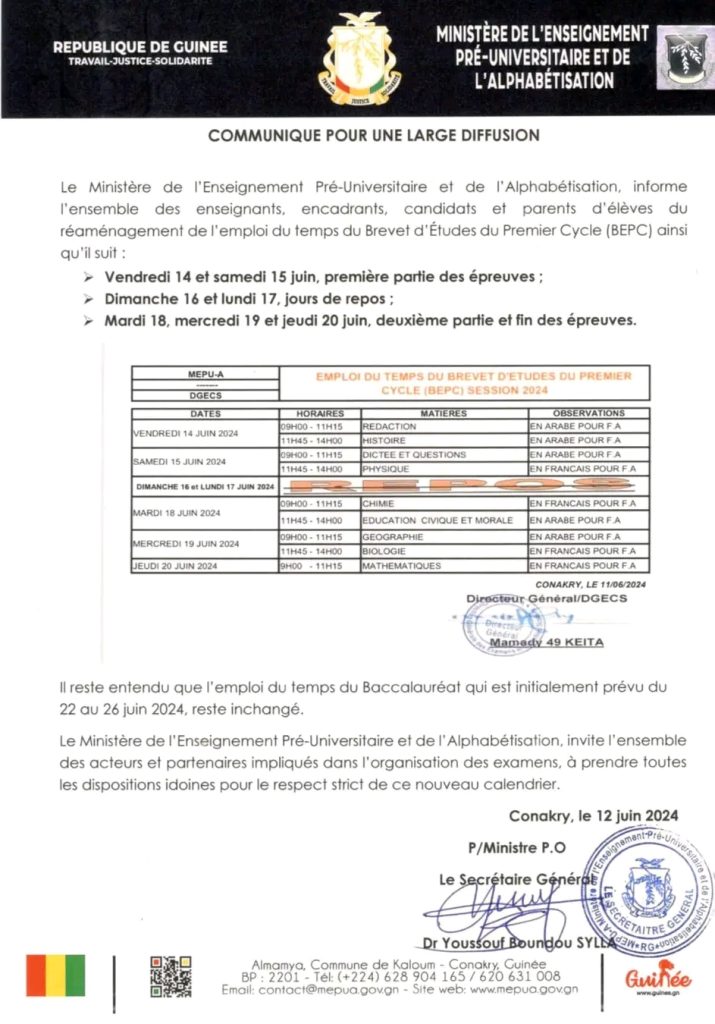 Emploi du temps du BEPC 2024 en Guinée (réaménagé) :Vendredi 14 juin 2024