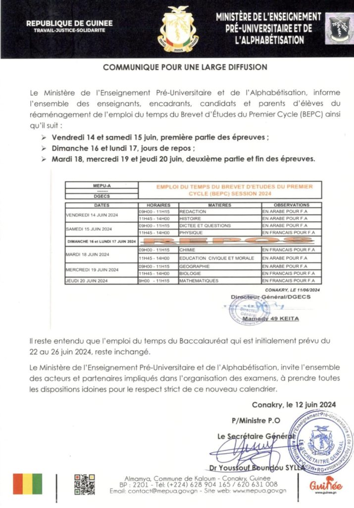 Communiqué du Ministère de l'Éducation Nationale et de l'Alphabétisation de Guinée
