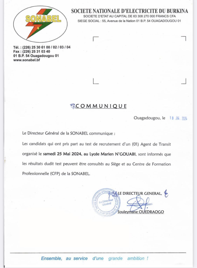 Résultats des épreuves écrites du recrutement au profit de la Société Nationale Burkinabè d’Électricité