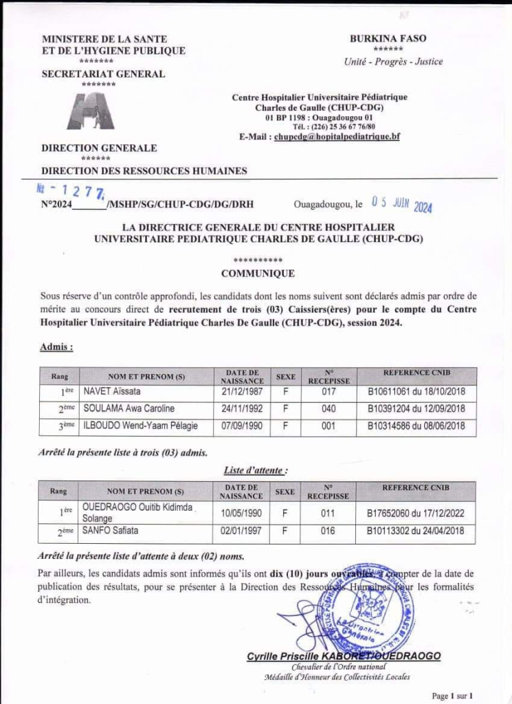 Résultats du test de recrutement de trois caissiers au Burkina Faso