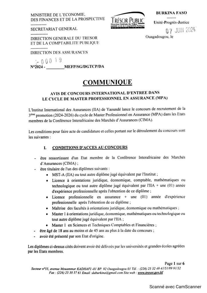 Concours International d'Entrée dans le Cycle de Master Professionnel en Assurance (MPA) au Burkina Faso