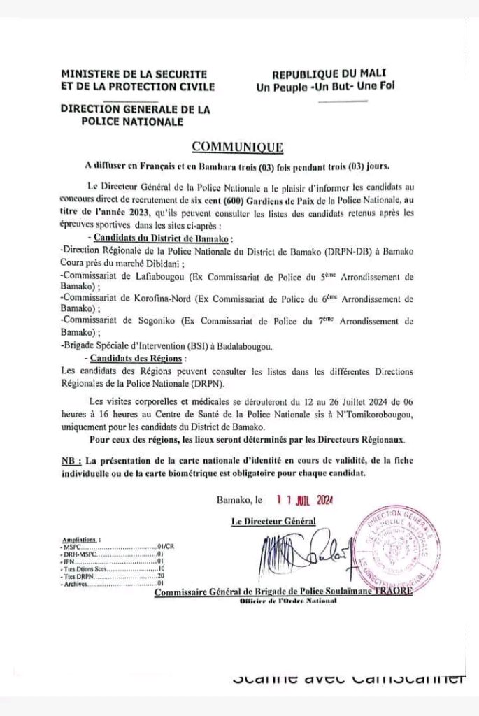 Mali: Résultats des épreuves sportives 600 gardiens de paix de la police nationale année 2023