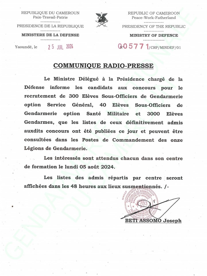 mindef.gov.cm résultats concours gendarmerie 2024 Cameroun 