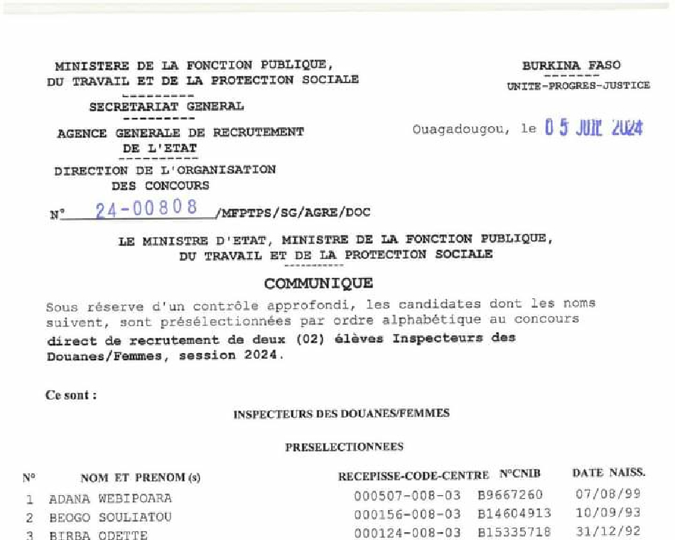 Résultats de présélection après les épreuves écrites des concours directs paramilitaires de la sécurité pénitentiaire, session 2024