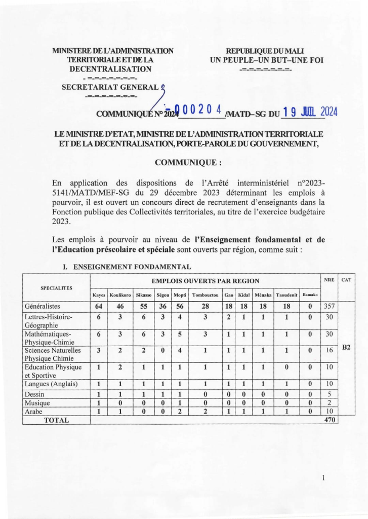 Mali : Concours direct de recrutement d'enseignants dans la Fonction Publique des collectivités territoriales