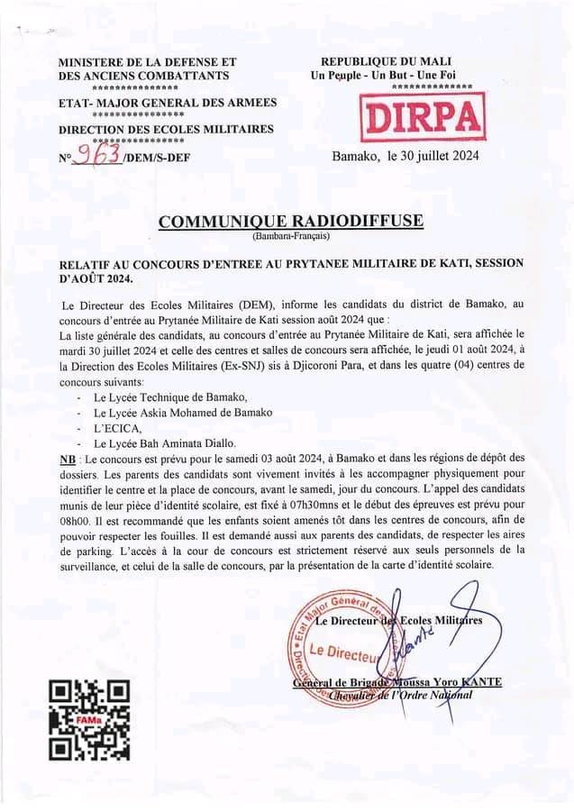 Mali : Communiqué relatif au concours d'entrée au Prytanée Militaire de Kati session d'août 2024