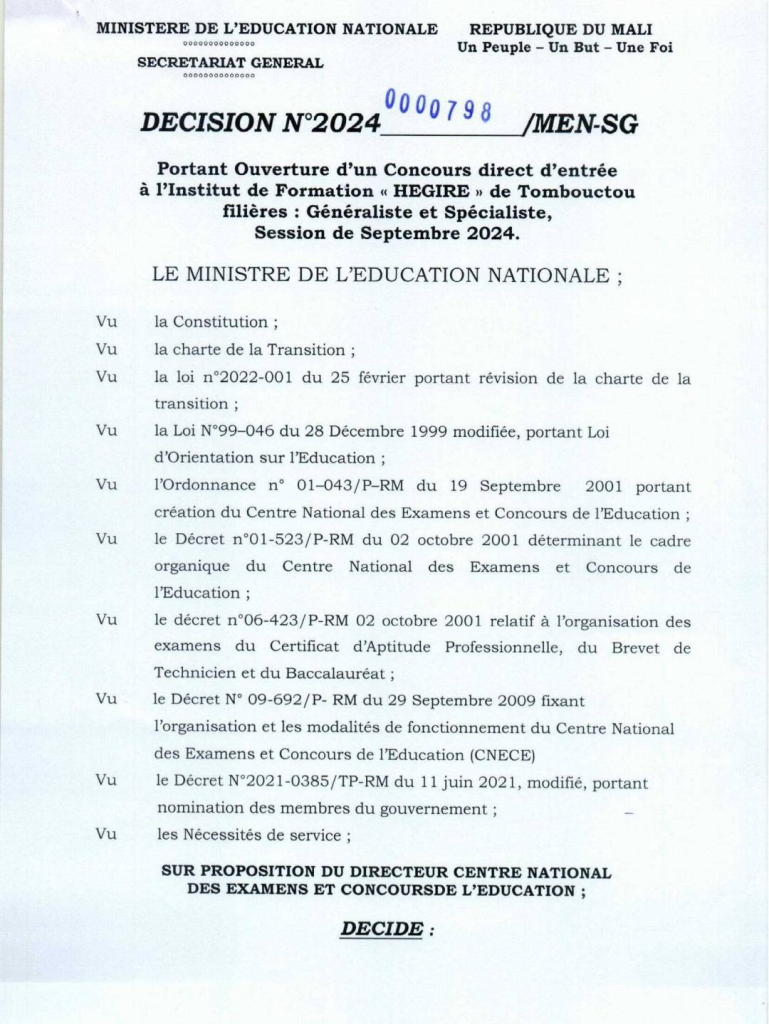 Mali : Concours d'entrée dans les Instituts de Formation de Maîtres filières (généraliste, spécialiste, hegiredeTombouctou, EFEP) session 2024