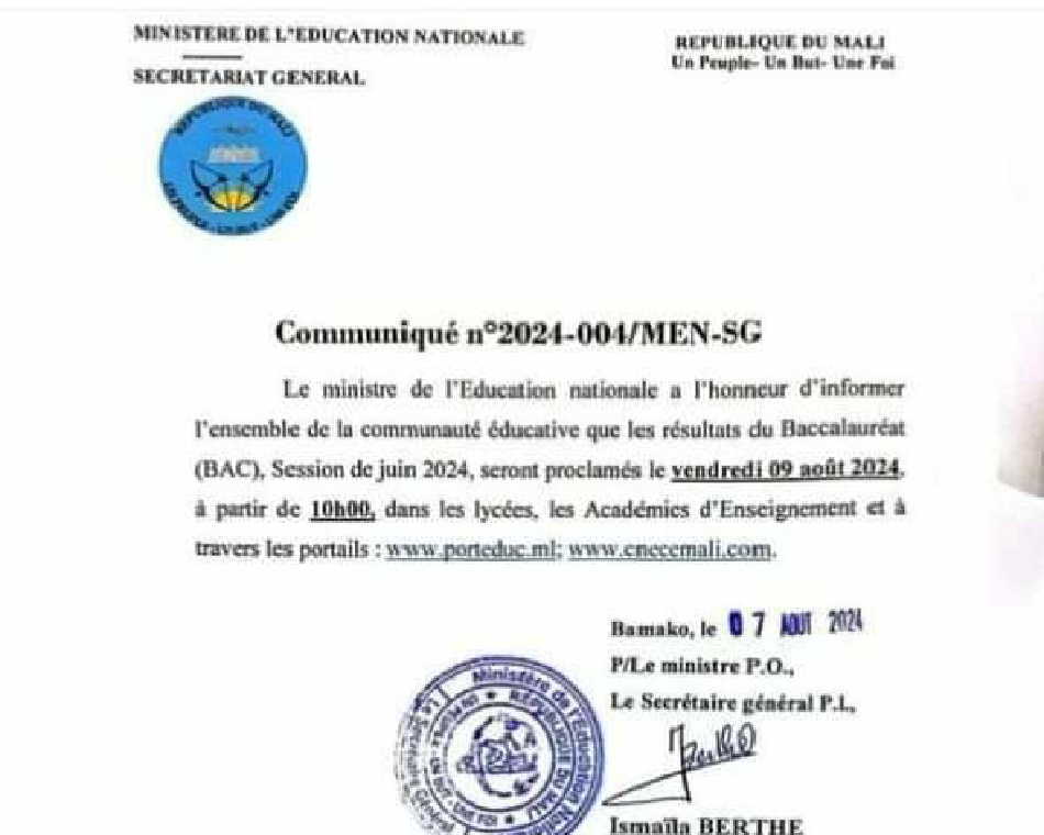 MALI : Communiqué relatif aux proclamations des résultats du BAC Malien session 2024